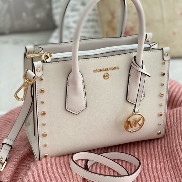 SOLD! MICHAEL KORS | White Leather Tote Crossbody Shoulder Bag Gold Hardware - Picture 8 of 16